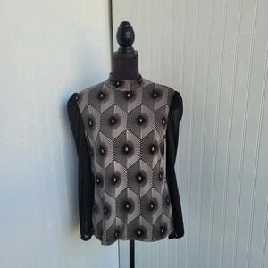 80 Park Women's Stretch Mock Neck Black Tan Long Sleeve Top Blouse Abstract Sz M